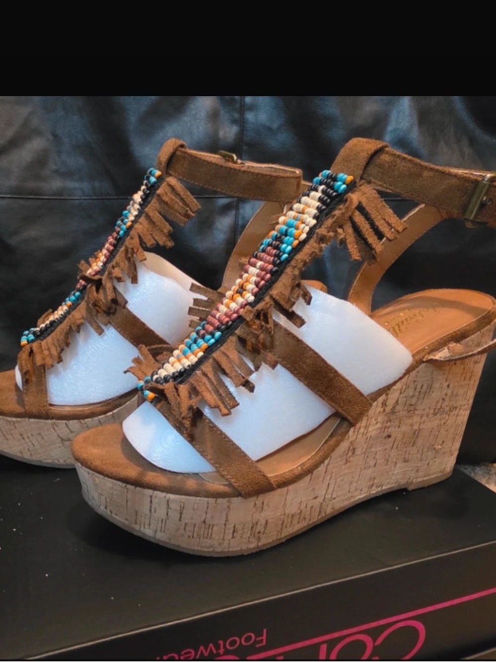 Ariat Brown Beaded Fringe Cork Wedge Sandals 7.5